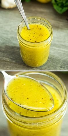 two images showing how to make an orange smoothie in a mason jar with a spoon