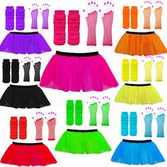 various colors of skirts and bras are shown in this image, including pink, blue, green, yellow, red, orange