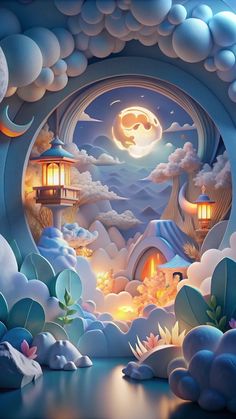 an image of a fantasy scene with clouds and houses in the sky at night time