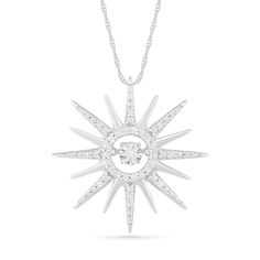 Your style shines with this eye-catching diamond pendant from the Unstoppable Love™ Collection. Created in sterling silver, this stunning choice features a shimmering sun with alternating polished and diamond-touched beaded rays. At the center, a diamond glistens in a unique setting that moves with every beat of her heart and every turn of her head. Radiant with 1/10 ct. t.w. of diamonds and a brilliant buffed luster, this pendant suspends along an 18.0-inch rope chain that secures with a spring Starburst Diamond Jewelry For Anniversary, Anniversary Starburst Jewelry With Diamond Accents, Starburst Diamond Jewelry, Celestial Jewelry With Diamond Accents In Round Pendant, Diamond White Round Celestial Necklace, Dazzling Starburst Jewelry With Diamond Accents, Fine Jewelry Starburst Diamond, Starburst Diamond Necklace With Accents, Diamond Starburst Necklace With Diamond Accents