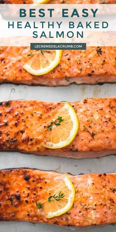 salmon with lemon slices and herbs on top in baking pan, text overlay says best easy healthy baked salmon