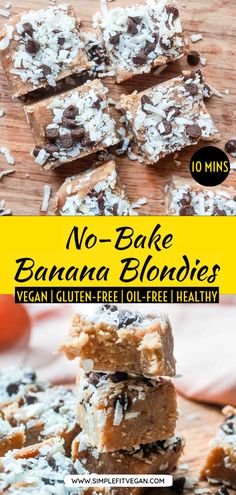 no bake banana blondies are stacked on top of each other with coconut flakes