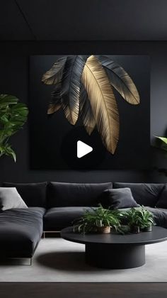 a living room filled with black furniture and plants