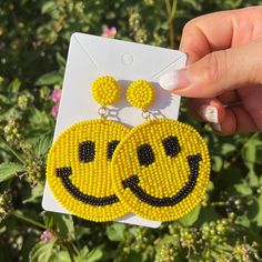 Perfect statement earrings for the summer! 😊Smiley face/happy face earrings will bring smiles to everyone that's around you! 💥Message me for bulk orders They come in a gift pouch so they are great for gifts too! These are all made and ready to ship! 🌟Please leave a message if you need clip-on 🌟All orders placed before 2pm PST will be shipped on the Same day 🌟Delivered by first class. If you need the order in 2-3 days, please upgrade your shipping service! 🌟Please double check your address Trendy Round Beaded Earrings, Hypoallergenic Beaded Earrings With Round Beads For Summer, Fun Beaded Earrings For Summer Gifts, Playful Beaded Summer Earrings, Trendy Handmade Yellow Beaded Earrings, Playful Yellow Earrings For Summer, Playful Yellow Summer Earrings, Cute Smiley Face Earrings For Gift, Fun Yellow Earrings For Summer