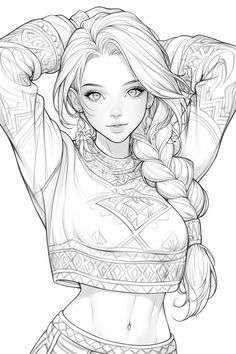 a drawing of a girl with long hair and braids, wearing a crop top