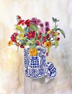 a painting of flowers in a blue and white vase with chinese writing on the side