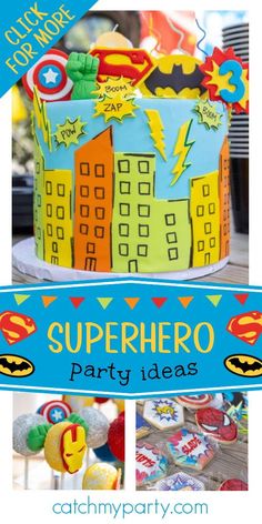 a birthday cake with the words superhero party ideas on it and pictures of other cakes