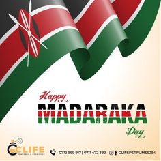 the flag of kenya waving in the wind with happy madagascar day lettering on it's side