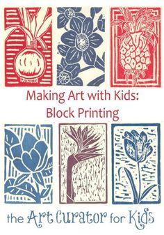 the cover of making art with kids's block printing, featuring flowers and vases