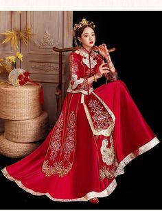 ⭐ Premium Handmade Item, Chinese Traditional Design for Brides who wants Red Wedding Celebration. ⭐ Item High Light: Classical Red Color; 4D Solid Tailor to Show Bride's Shape Beauty; Premium Satin Material Surface; Golden Line Up; Embroidery Floral Pattern and Embedded Diamond; Tassel jewelry decoration in front Chest and Sleeves/ Hemline; Tassel Satin with Pattern Skirt; Symmetrical Art design to show the beauty of Chinese Royal Wedding Fashion. ⭐ Made for Spring/Summer/ Autumn Season; Clothin Chinese Wedding Dress Traditional, Chinese Bride, Traditional Chinese Wedding, Chinese Wedding Dress, Chinese Wedding, Satin Material, White Wedding Dresses, Red Wedding, Skirt Pattern