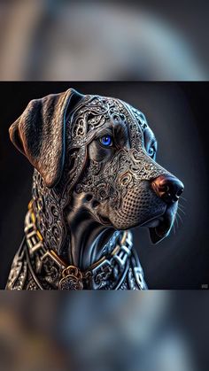 a black dog with blue eyes and ornate collar