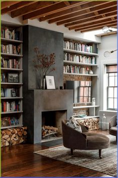 a living room filled with furniture and a fire place in front of a book shelf