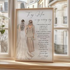 two brides are standing in front of a window with a poem written on it