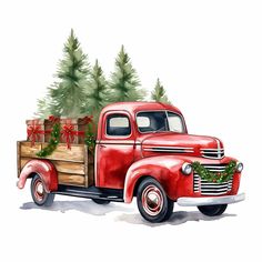 an old red truck with christmas trees in the back is painted on white paper and has a watercolor effect