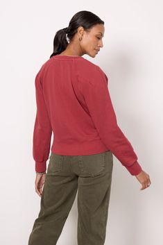 The Jojo sweatshirt by EVEREVE will be your go-to everyday staple, featuring a crewneck silhouette, ribbed trim, and raglan sleeves with seamed detailing. Pair with jeans or cargo pants and sporty sneakers. | EVEREVE Women's Jojo Seamed Sweatshirt, Size Small, Red Red Cotton Sweats With Ribbed Cuffs, Red Sweats For Fall Loungewear, Red Sweats With Ribbed Cuffs For Fall, Red Fall Loungewear Sweats, Red Cotton Sweatshirt For Loungewear, Red Relaxed Fit Sweater, Red Cotton Sweats For Fall, Red Cotton Sweatshirt For Fall, Soft-washed Crew Neck Sweats For Fall