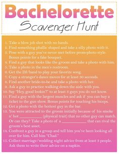 a poster with the words bachelor scavenger hunt written in pink and orange colors