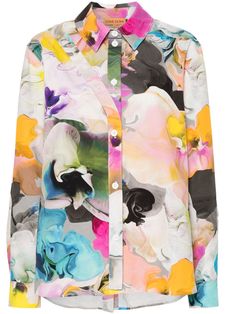 multicolour cotton abstract pattern print pointed flat collar long sleeves buttoned cuffs strap detailing curved hem front button fastening rear button fastening Pointed Flat Collar, Abstract Pattern, Top Brands, Cotton Shirt, Top Shirt, Print Patterns, Womens Tops, Top Outfits, Luxury Fashion