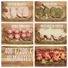 four different types of meats and vegetables in glass dishes with the words roma tomatoes, basil pesto, mozzarella cheese, mozzarella cheese, 40 minutes