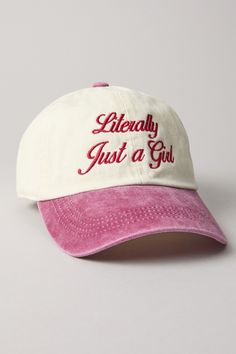 Literally Just A Girl Baseball Cap in Burgundy | AS Revival Cute Baseball Cap With Embroidered Logo And Curved Brim, Cute Cotton Baseball Cap With Letter Print, Pink Casual Dad Hat With Letter Print, Casual Pink Dad Hat With Letter Print, Trendy Dad Hat With Letter Embroidery And Curved Bill, Pink Adjustable Baseball Cap For Everyday, Pink Adjustable Baseball Cap, Pink Everyday Baseball Cap, Trendy Pink Dad Hat With Embroidered Logo