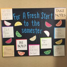 a bulletin board that has been decorated with different types of fruit and words on it