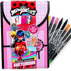 an assortment of markers and pens in a pink box with the title, fashion designer sketchbook