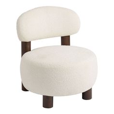 a white chair with wooden legs and a round seat on the back, sitting in front of a white background