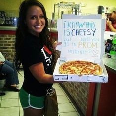 a woman holding up a pizza box with the words i know what is cheesy but why do you prom?