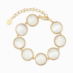 Embrace timeless beauty with our Mother of Pearl bracelet, featuring luminous discs of mother of pearl set in a classic gold-tone frame. Perfect as a standalone piece or paired with your favorite gold bracelets, this bracelet adds a touch of elegance and sophistication to any look. Versatile and refined, it’s a beautiful choice to bring style and joy to both casual and formal occasions. Add this elegant statement piece to your collection for a touch of radiant charm. Details Made of genuine moth Luxury White Mother Of Pearl Bracelets, Elegant Adjustable Mother Of Pearl Bracelet, Elegant Gold Mother Of Pearl Bracelets, Classic Mother Of Pearl Jewelry With Polished Finish, Chic Gold Mother Of Pearl Jewelry, Classic Polished Mother Of Pearl Jewelry, Classic Yellow Gold Jewelry With Mother Of Pearl, Classic Mother Of Pearl Jewelry In Yellow Gold, Classic Yellow Gold Mother Of Pearl Jewelry