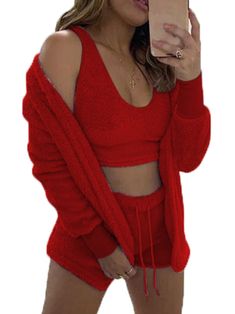 PRICES MAY VARY. Material: Soft Cozy Fleece Sherpa ,Very soft and skin-friendly,Package:1 x V Neck Crop Top + 1 x Sherpa Fleece Hooded Jacket + 1 x Drawstring Shorts . Features: mothers day gifts,Solid Color,Long Sleeve Cardigan,Skinny Short Pants,Stretch And Lightweight,Hoodie Coat, Drawstring Elastic Waist Shorts, Spaghetti Strap Top Vest, Fuzzy Sherpa Sleeveless Crop Top Vest, High Waist Shorts, Casual 3 Piece Pajamas Set. Design: Sexy Pajamas For Women,Sexy Outfit For Women,Sets For Women Cl Pajamas Outfit, Crop Top Shorts, Top Shorts Set, Loungewear Outfits, Cardigan Crop Top, Cardigan Crop, Fleece Pajamas, Hoodie Coat, Pregnancy Outfits