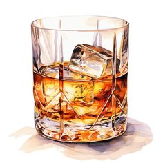 a glass with some ice cubes in it on a white surface and watercolor drawing