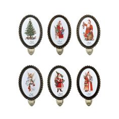 six christmas ornaments with santa claus and other characters on them, all in oval frames