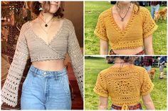 three pictures of different types of crochet tops and jeans, one with open shoulders the other with short sleeves