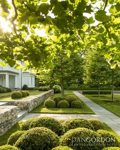 an outdoor garden with hedges and trees