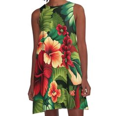 Loose-fit, mid-length sleeveless dress with silky handfeel. Printed on both sides. Machine washable. Size range XS-2XL. Have a festive Christmas! Sleeveless Tropical Party Dress, Sleeveless Tropical Style Party Dresses, Multicolor Sleeveless Hawaiian Dress, Sleeveless Dress With Tropical Print For Holiday, Holiday Sleeveless Mini Dress With Floral Print, Sleeveless Floral Print Mini Dress For Holiday, Hawaiian Floral Print Holiday Dresses, Hawaiian Dresses With Tropical Print For Holiday, Hawaiian Holiday Dresses With Floral Print