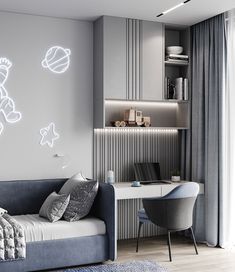 a bedroom with a bed, desk and chair next to a wall that has neon lights on it