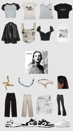 an assortment of clothes and shoes are arranged in the shape of a collage with images