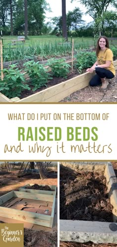 Three images of raised beds, one with Jill the gardener and a white middle color block with green and brown whiting. Raised Steel Garden Beds, Garden In Raised Beds, Summer Vegetable Garden, Raised Bed Ideas, Raised Garden Beds Diy Vegetables, Garden Bed Layout, Raised Vegetable Gardens, First Garden