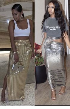 Silver Outfit Ideas Black Women, March Concert Outfit, Metallic Skirt Outfit Black Women, Silver Skirt Outfit Black Women, Silver Outfit Black Women, Mermaid Skirt Outfit, Silver Skirt Outfit, Silver Skirt Outfits, Sequin Skirt Outfit