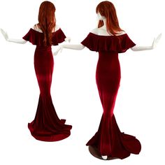 "Glide into your next gala in this stunning red velvet gown! This gown has a ruffled, off shoulder neckline, and is fitted from the waist to knees.  The fishtail hemline flares out with a 13\" puddle train in back. LENGTH: Full length for height of 5' 6\" to 5'8\" with a 13\" puddle train in back.  If your height is different from this, please include it in the \"notes\" section at checkout so we can adjust your length. This item is made to order. Ships out within 5 days of purchase. Womens Sizi Velvet Fitted Dress For Red Carpet, Red Carpet Velvet Fitted Dress, Red Velvet Gown, Off Shoulder Gown, Velvet Gown, Stretch Velvet, Purple Velvet, Olive Branch, Small Bust