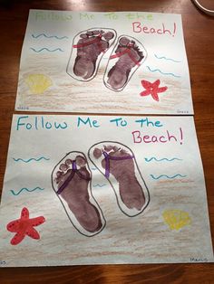 two handmade paper signs with footprints and starfishs on them, one says follow me to the beach