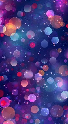 an abstract background with lots of colorful circles and bubbles in the dark blue night sky