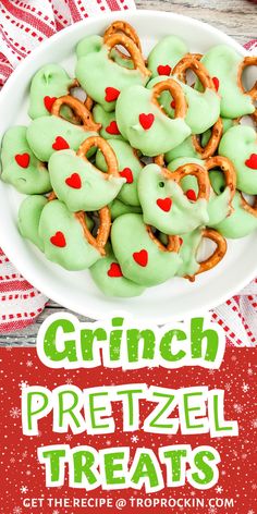 green pretzel treats in a white bowl on a red and white checkered tablecloth