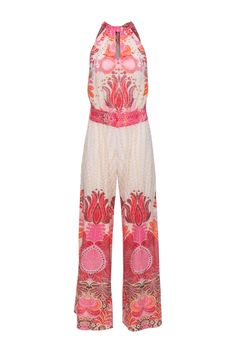 Current Boutique-Calypso - Ivory w/ Pink, Yellow, & Orange Print Mock Neck Tie Jumpsuit Sz XS Summer Cream Overall Jumpsuits And Rompers, White Printed Jumpsuits And Rompers For Beach, Pink Bohemian Jumpsuits And Rompers For Vacation, Bohemian Pink Jumpsuits And Rompers For Summer, White Beachwear Jumpsuits And Rompers For Beach Season, White Beachwear Jumpsuits And Rompers For Vacation, Fitted Pink Bohemian Jumpsuits And Rompers, White Printed Jumpsuits And Rompers For Vacation, Pink Beachwear Jumpsuits And Rompers For Vacation