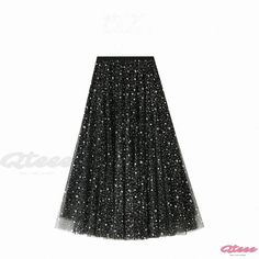 Qteee - Sparkling Starry Midi Tulle Skirt - Swirling Shimmering Mesh A-line Dress Stretch A-line Skirt For Party, A-line Tulle Party Skirt, Midi Tulle Skirt, Fairy Silhouette, Tulle Midi Skirt, Dress With Sequins, Mesh Overlay, Starry Sky, Types Of Skirts