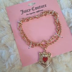 Nwt Gold Tone Double Strand Beaded And Link With Red Garnet Heart On A Juicy Couture Crest Charm. Juicy Lovers And Collectors Piece Authentic Same Day Ship Juicy Cotoure Charm Bracelet, Red Jewelry Aesthetic, Gold And Red Jewelry, Juicy Charms, Chunky Charm Bracelet, Bride Bracelet, Dope Jewelry Accessories, Juicy Couture Bracelet, Garnet Heart