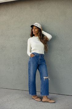 This waffle weave sweater features a cropped hemline and soft and stretchy fabric. We love it paired with jeans, but you can mix it up and get creative with this simple sweater! waffle weave soft and stretchy cropped // paired with the free people deep trance dropped boyfriend jeans + the slow morning club canvas trucker hat Cropped Jeans Winter, Cute But Comfy Outfits, Athleisure Mom, Cropped Jeans Outfit, Slow Morning, Simple Sweater, Fall Fashions, Simple Sweaters, Woven Sweater