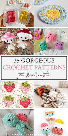 crochet patterns for small animals and birds are featured in this collage with the words, 35 gorgeous crochet patterns