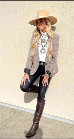 Sophisticated Cowgirl Outfits, Leather Leggings Western Outfit, Cowgirl Scarf Country Outfits, Fort Worth Stock Show And Rodeo Outfit, Western Style For Women Over 50, Cowboy Chic Outfit Women, Yellowstone Outfits For Women, Upscale Country Outfit, 2024 Western Trends