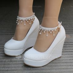 Women's Leatherette Wedge Heel Closed Toe Platform Pumps Wedges MaryJane With Buckle Imitation Pearl Rhinestone Chain Hak Tinggi, Cute Shoes Heels, Kawaii Shoes, Prom Heels, White Wedges, Summer Heels, Rhinestone Chain, Fancy Shoes, Cute Heels