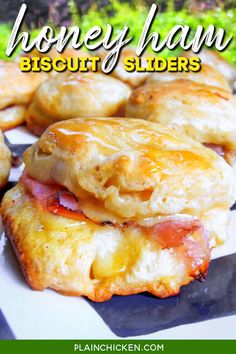 honey ham biscuit sliders on a black and white checkered plate with text overlay